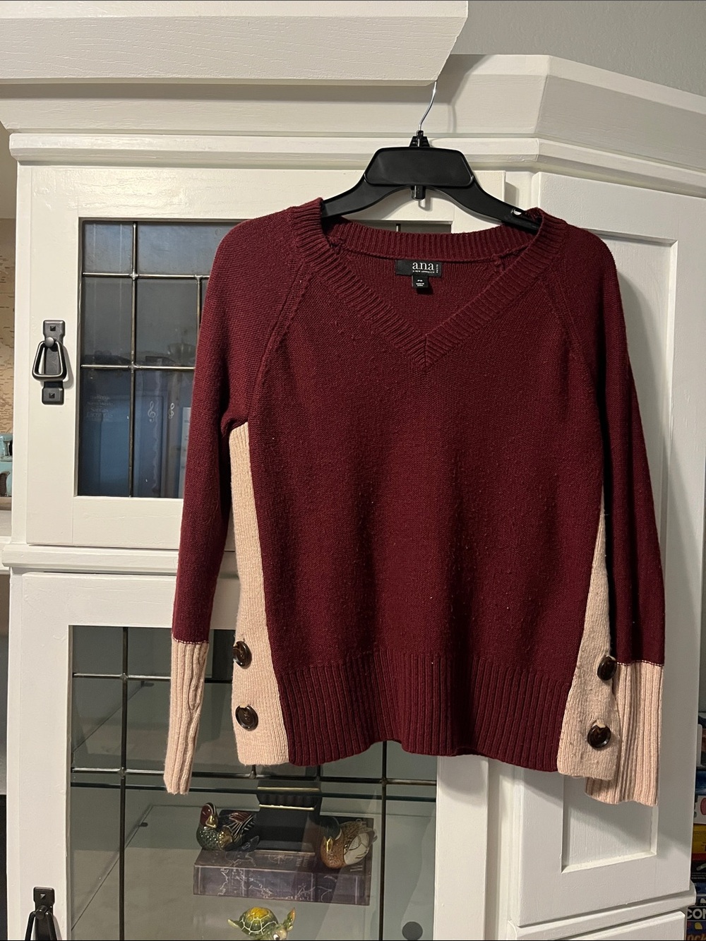 a.n.a Burgundy V-Neck Sweater with Cream Button-Accent Panels
